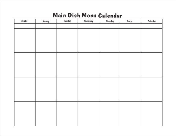 10 Menu Calendar Templates Free Sample Example Format Download