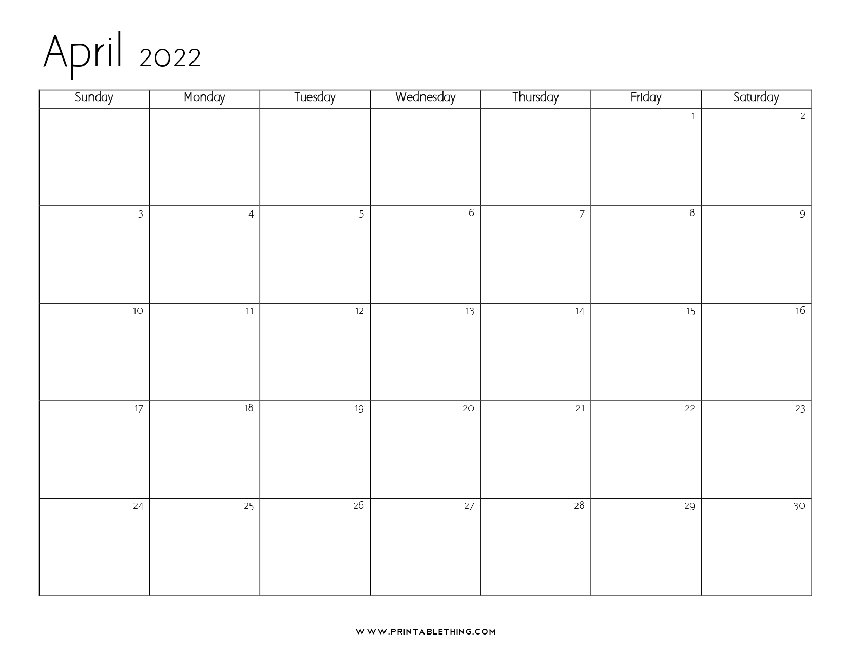 Free Printable Blank April 2022 Calendar 2022