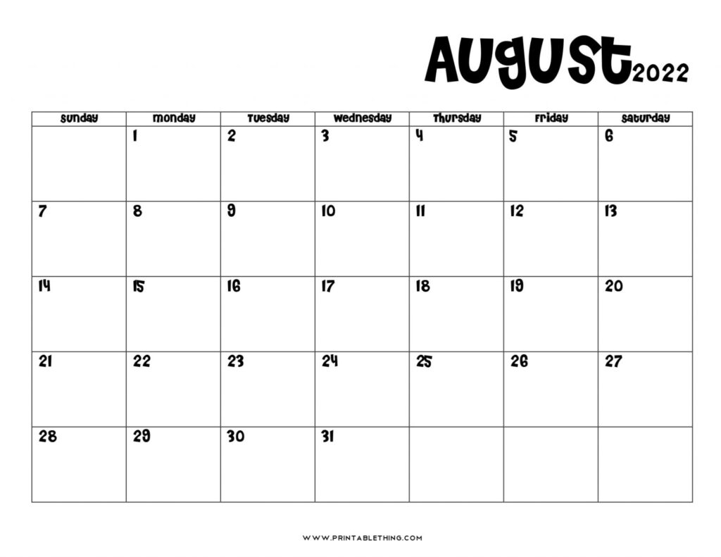 20 August 2022 Calendar Printable PDF US Holidays Blank