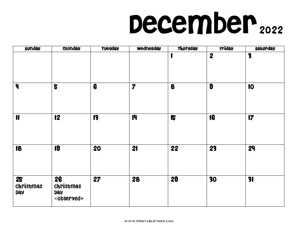 20 December 2022 Calendar Printable US Holidays Blank Free Printable