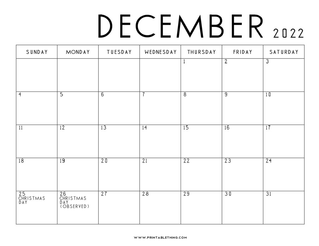 20 December 2022 Calendar Printable US Holidays Blank Free Printable
