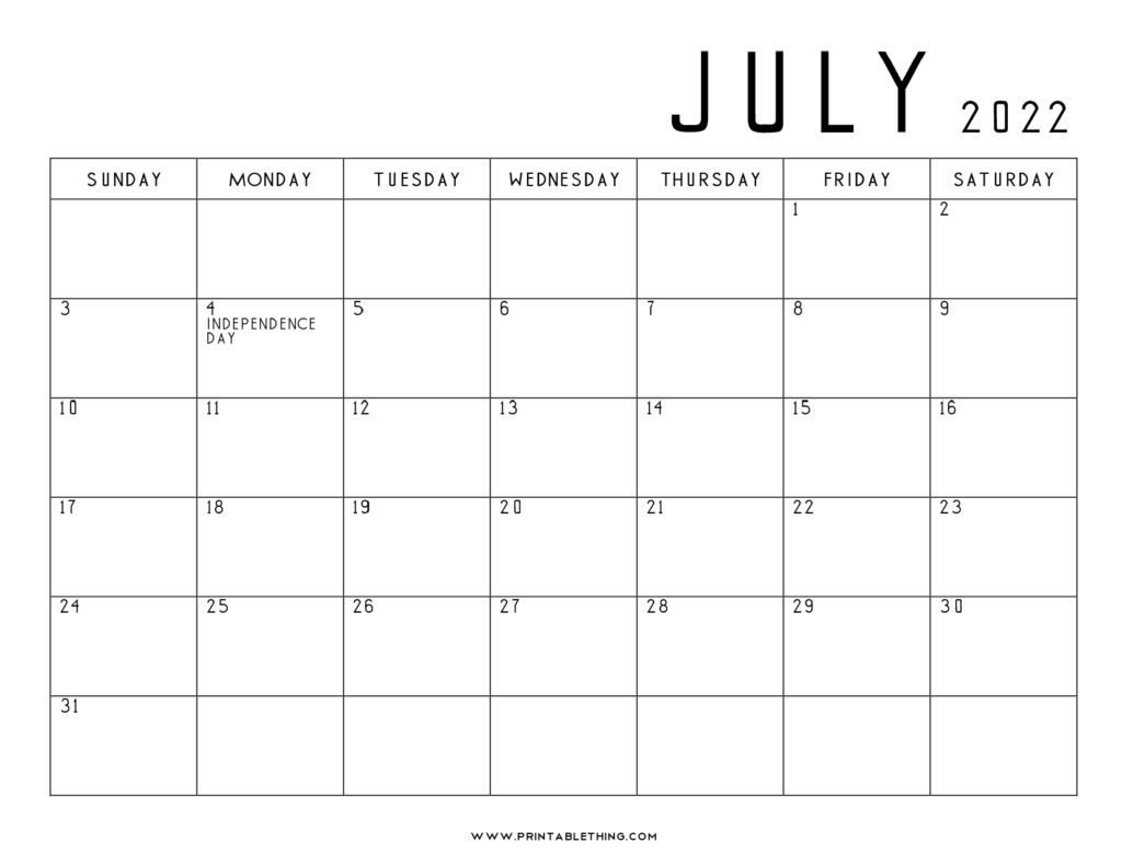 20 July 2022 Calendar Printable PDF US Holidays Blank July Calendar