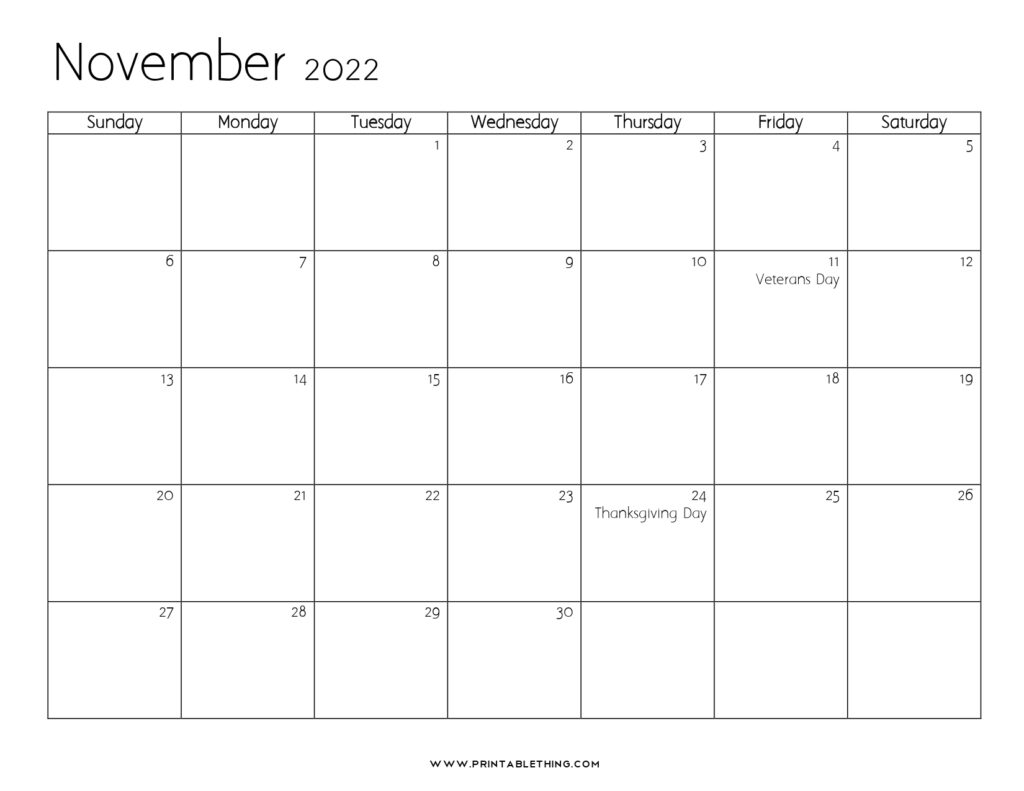 20 November 2022 Calendar Printable US Holidays Blank Free PDF