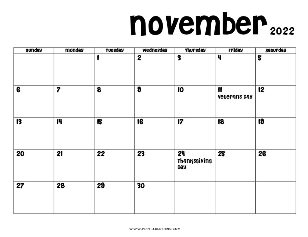 20 November 2022 Calendar Printable US Holidays Blank Free PDF