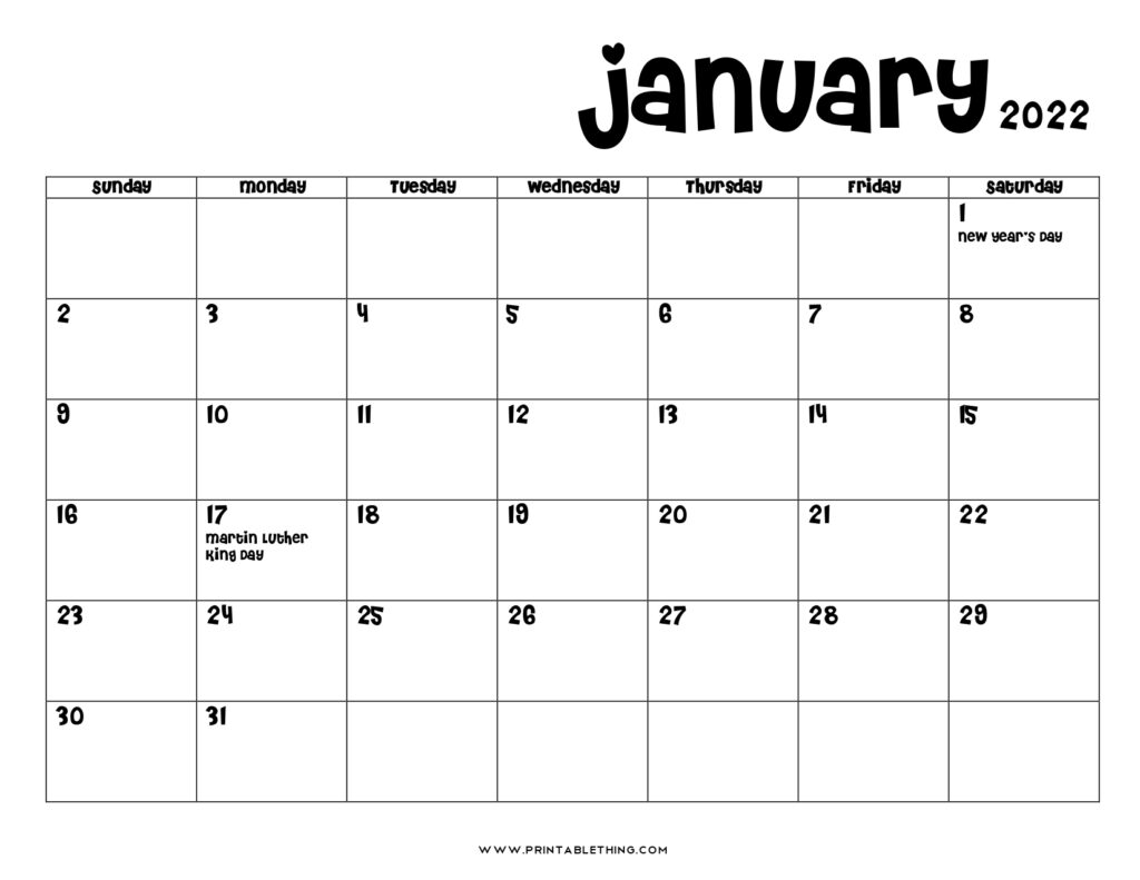 20 Printable January 2022 Calendar With Holidays Blank Free