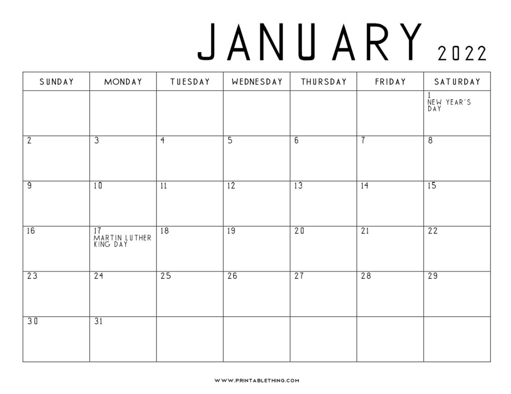 20 Printable January 2022 Calendar With Holidays Blank Free