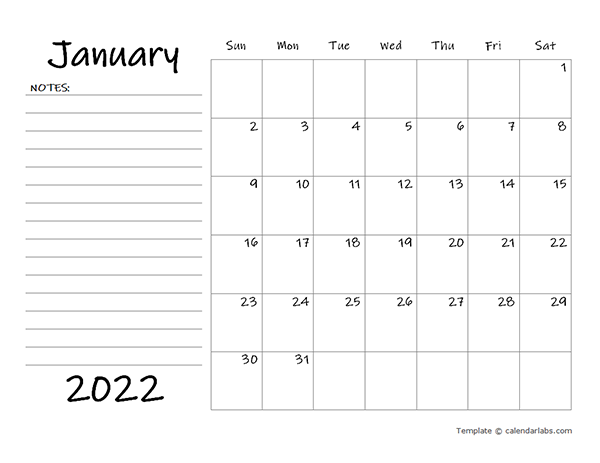 2022 Blank Calendar Template With Notes Free Printable Templates