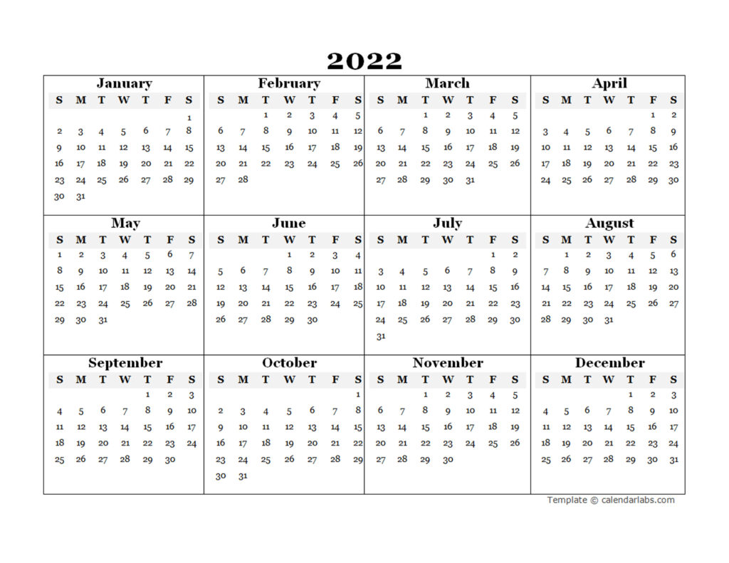 2022 Blank Yearly Calendar Template Free Printable Templates