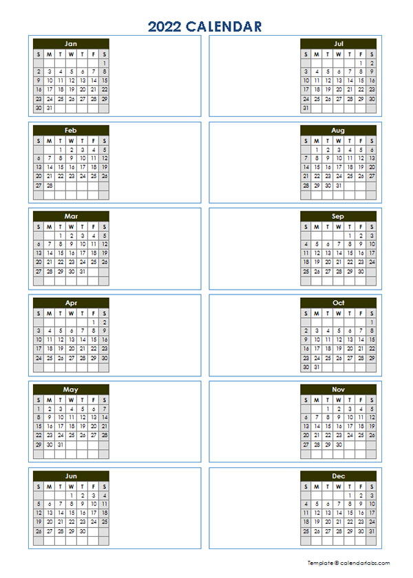 2022 Blank Yearly Calendar Template Vertical Design Free Printable 