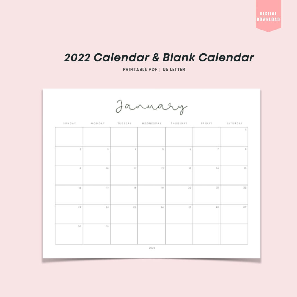 2022 Calendar Blank Monthly Calendar Printable Minimalist Etsy