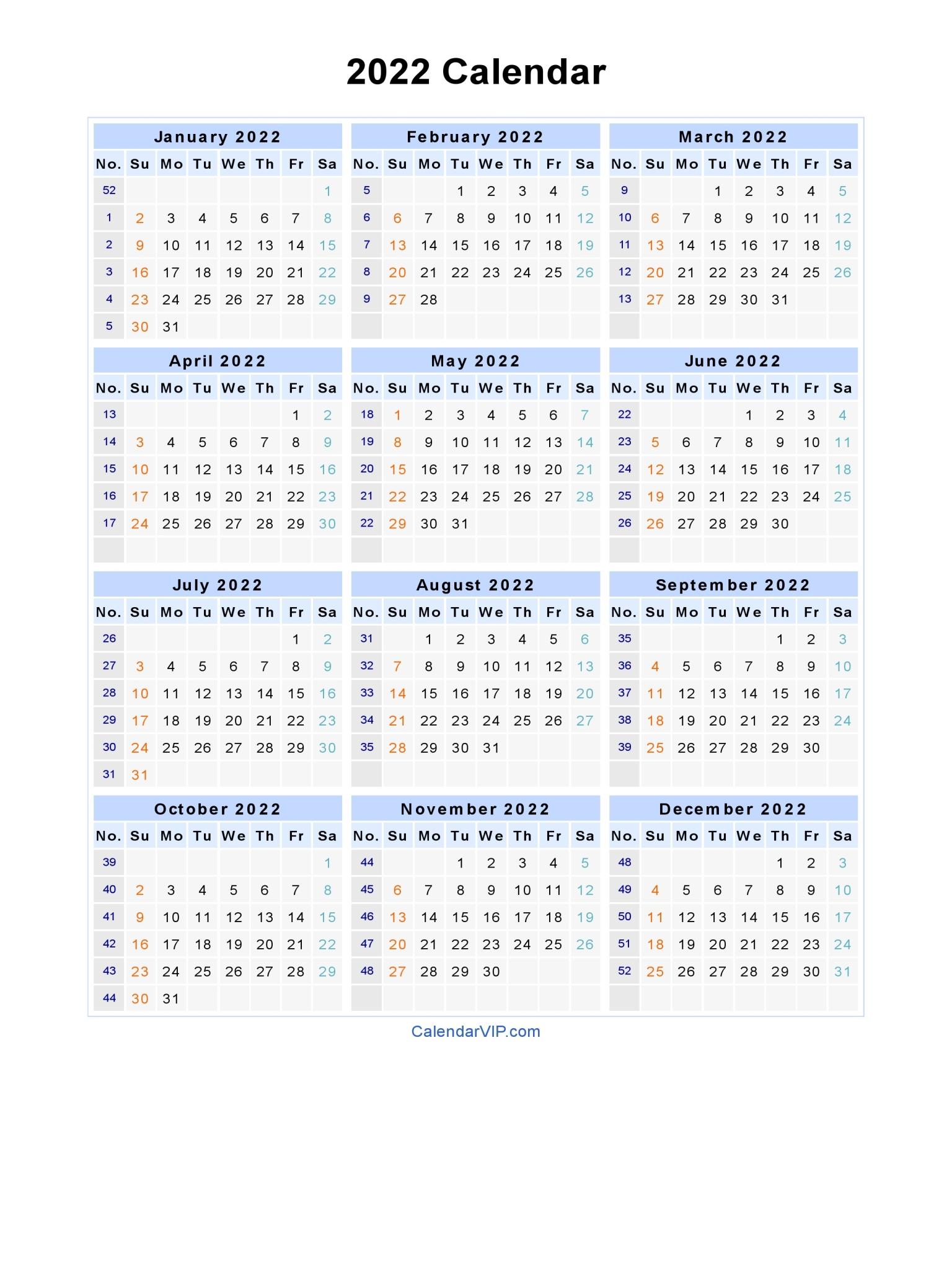 Printable Free Blank Calendar 2022 Portrait 2022