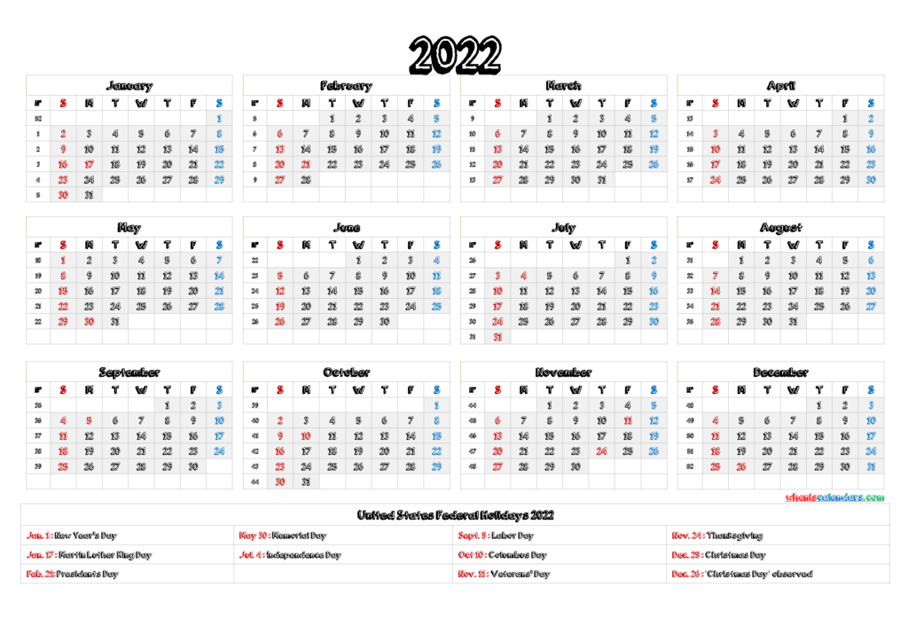 2022 Calendar With Holidays Printable 9 Templates Free Printable 