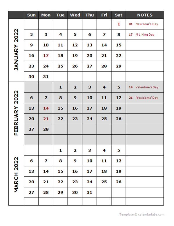 2022 Quarterly Calendar Template Free Printable Templates