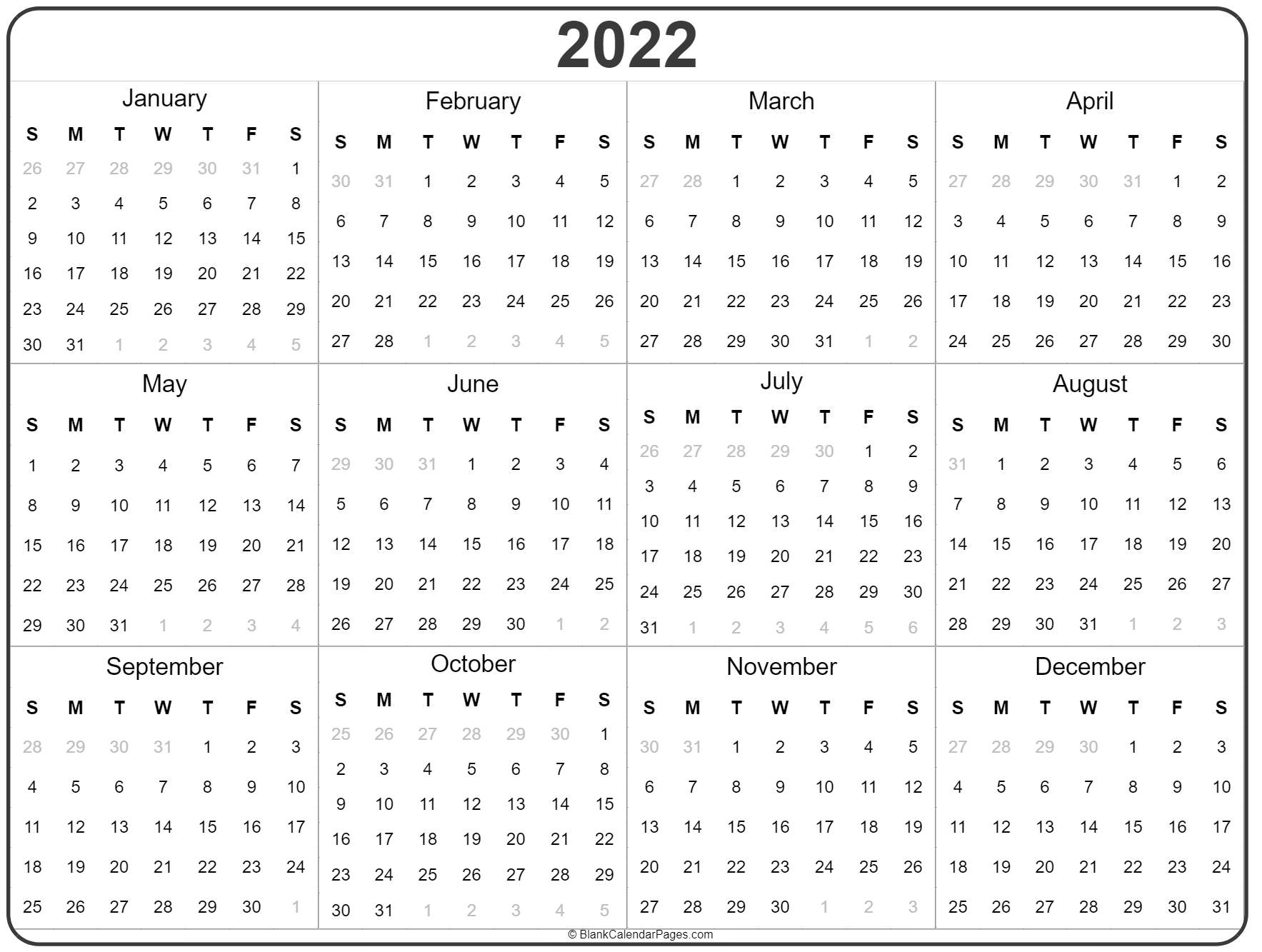 2022 Year Calendar Yearly Printable