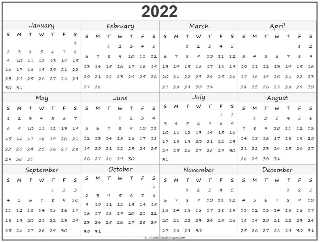 2022 Year Calendar Yearly Printable