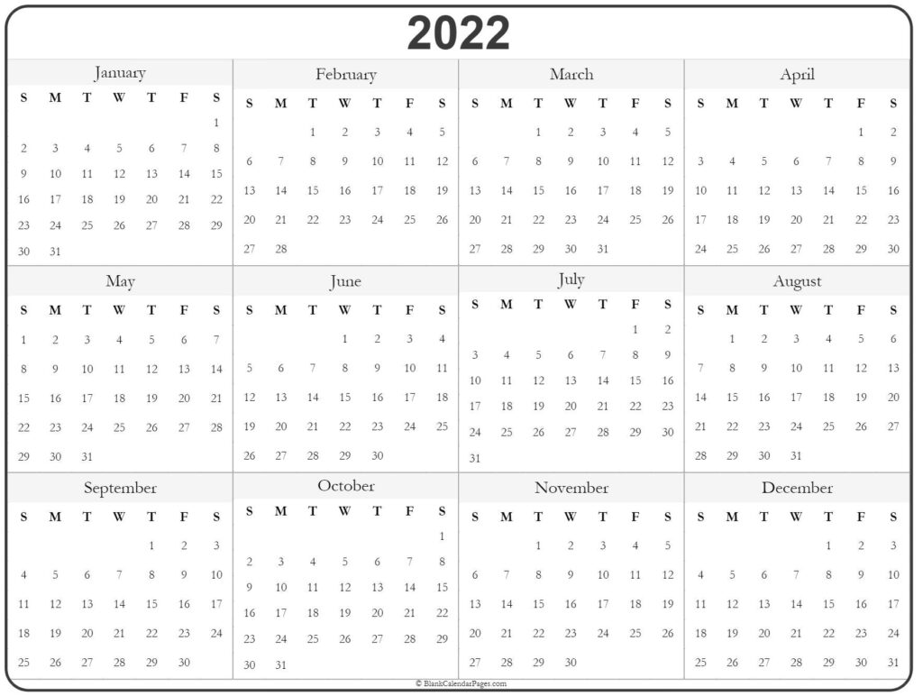 2022 Year Calendar Yearly Printable