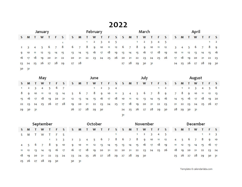 2022 Yearly Calendar Printable Free Letter Templates