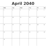 April 2040 Blank Calendar Template