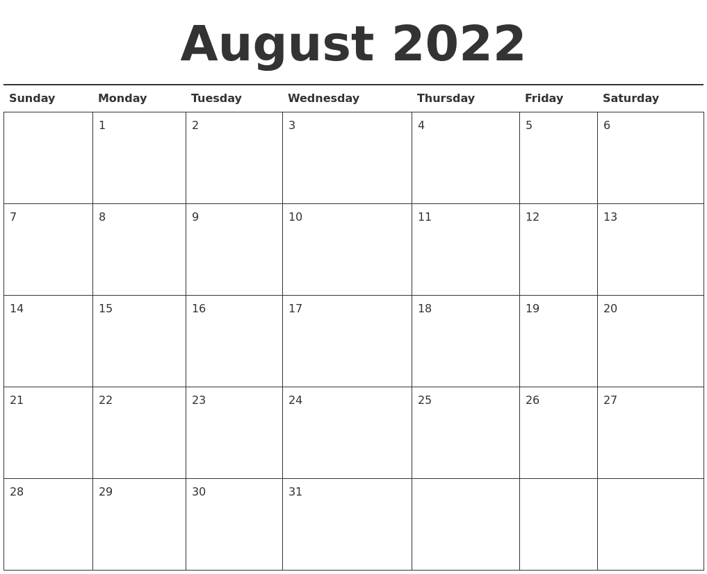 August 2022 Calendar Printable