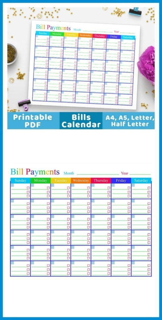 Blank Bill Calendar Printable Colorful Calendar Template Printable 