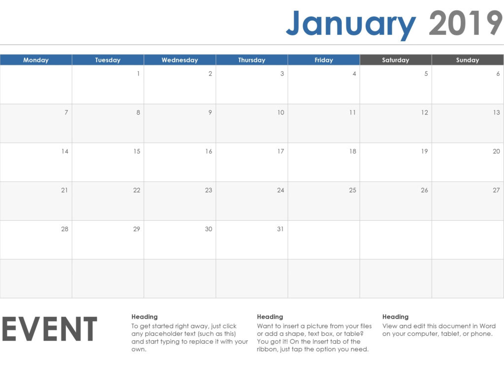 Blank Excel Calender That Starts On Monday Calendar Template Printable