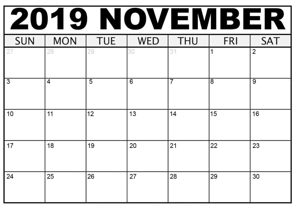 Blank November Calendar 2019 Printable Template PDF Word Excel Page 12 