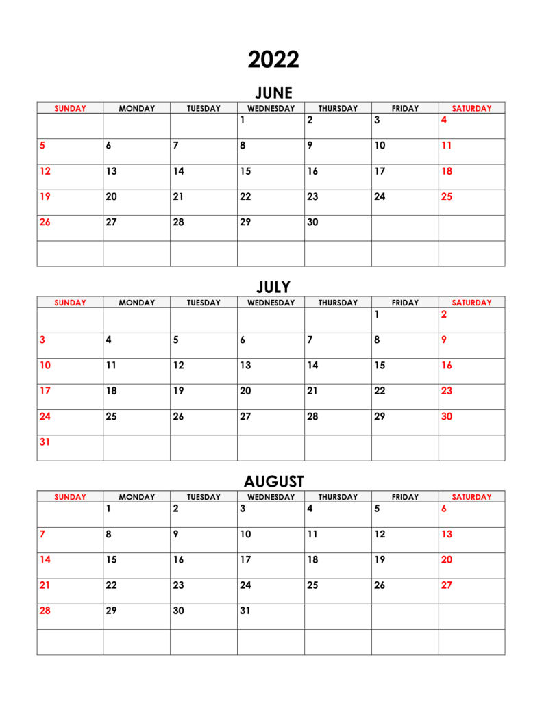 Calendar For June July August 2022 June 2022 Calendar