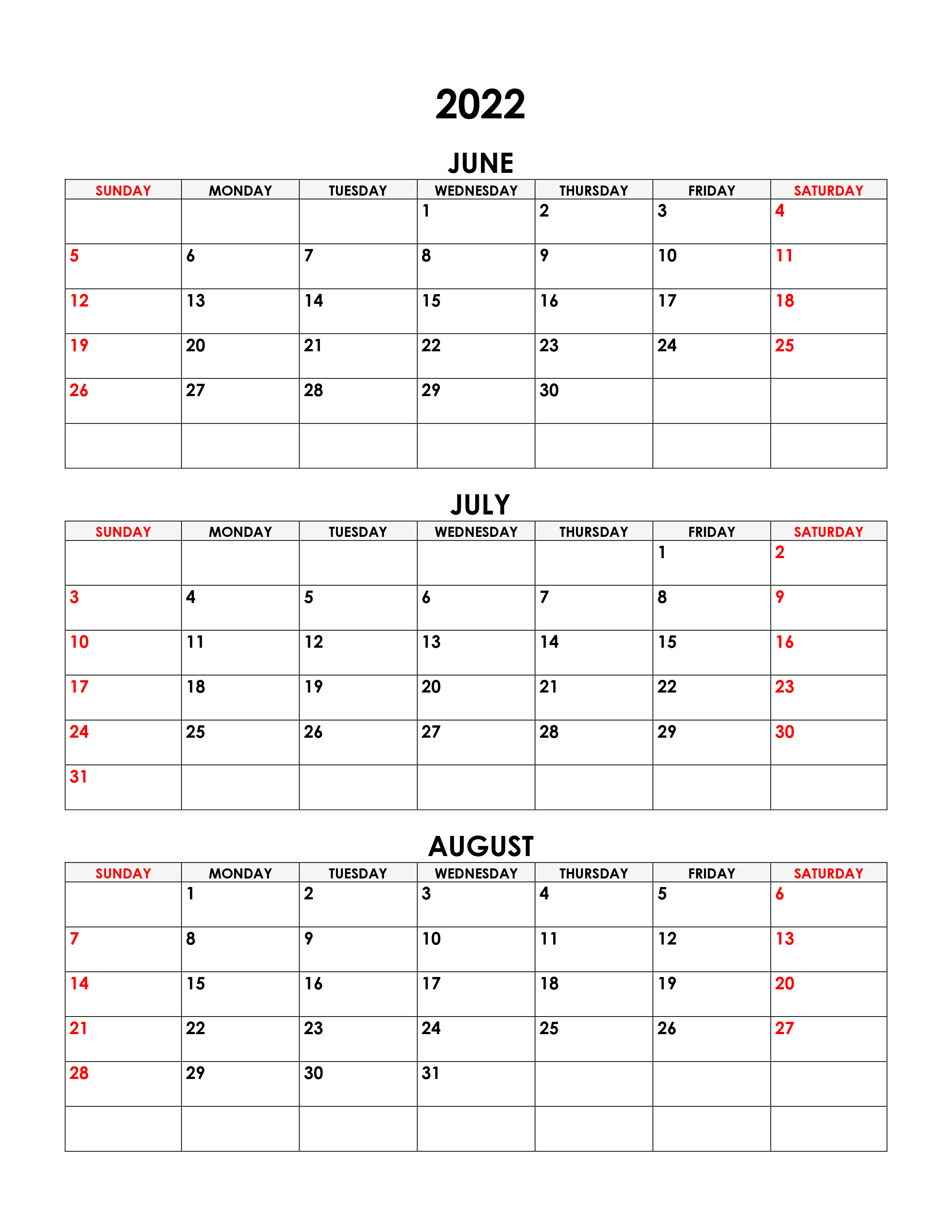 Calendar For June July August 2022 June 2022 Calendar