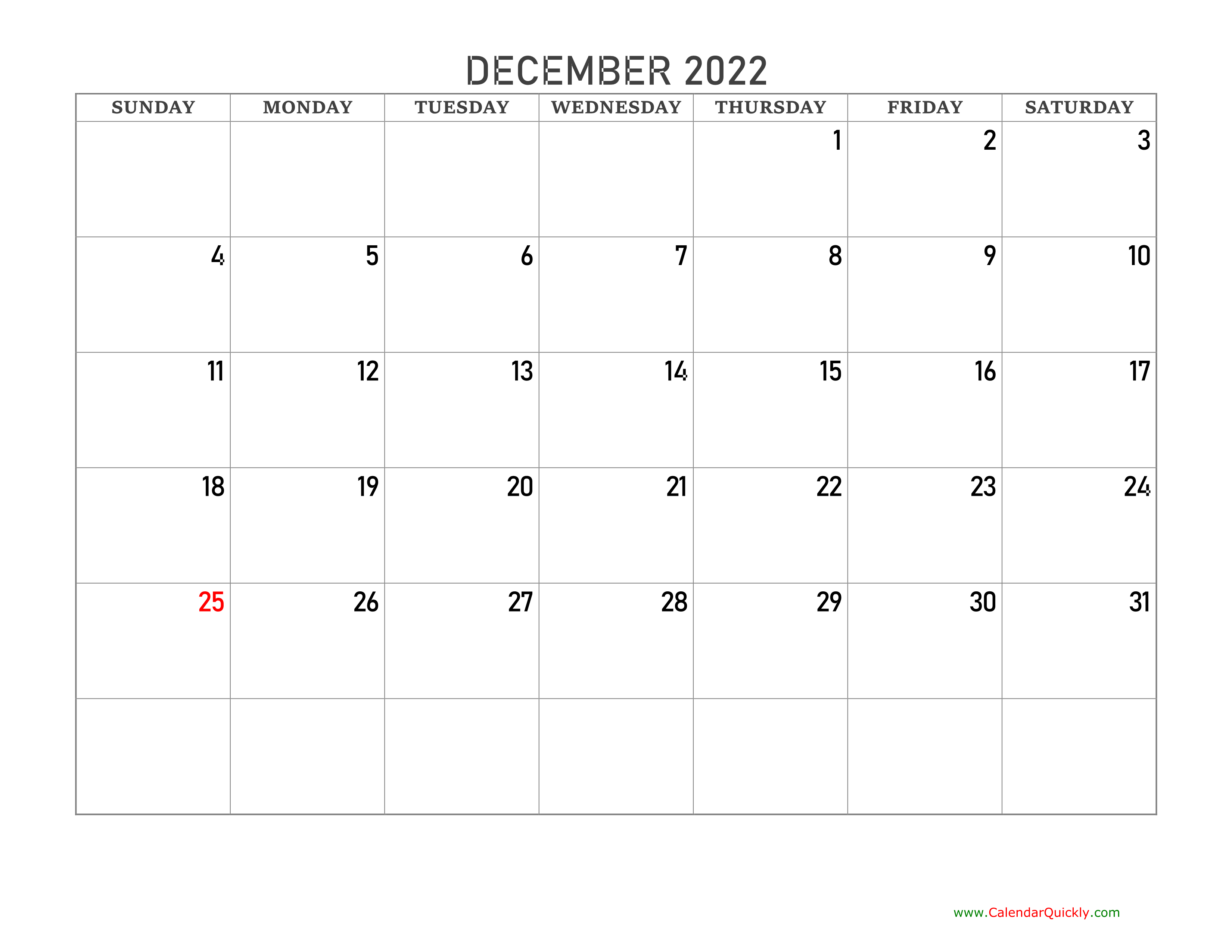 December 2022 Blank Calendar Calendar Quickly