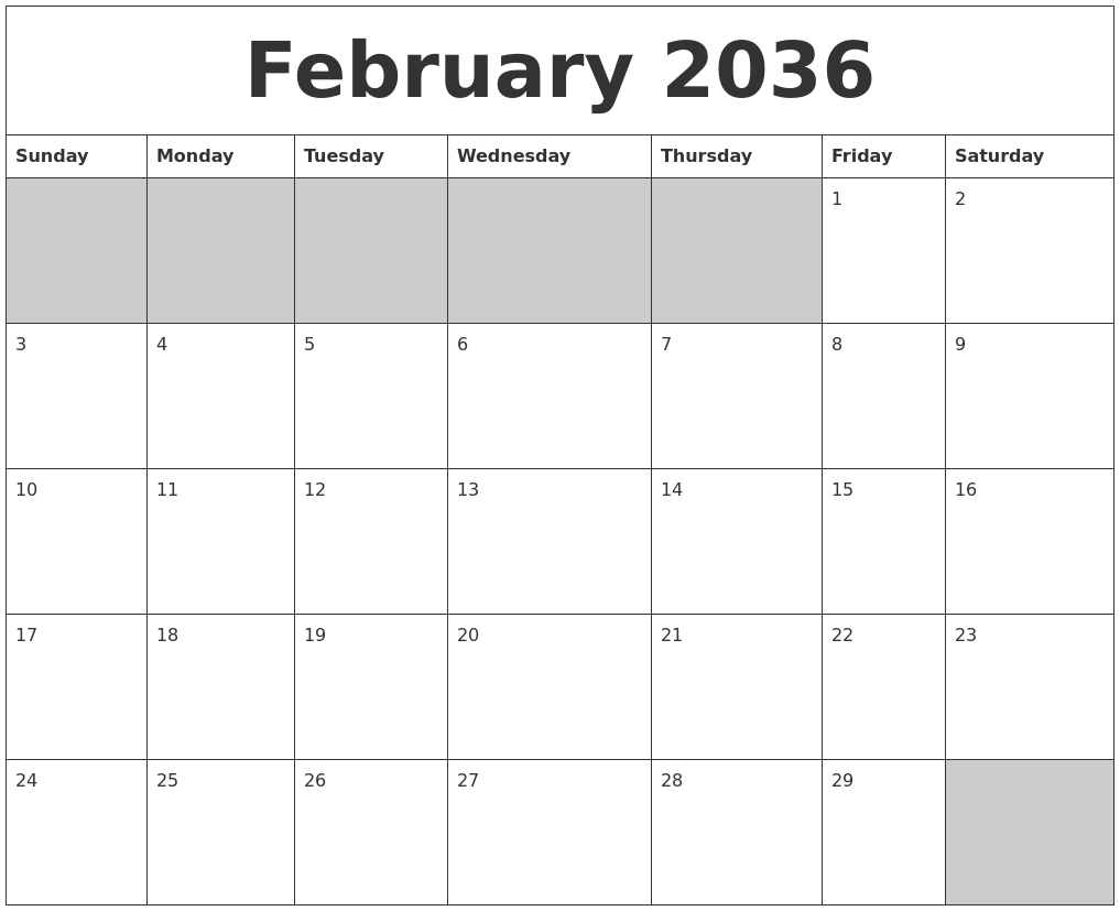 February 2036 Blank Printable Calendar