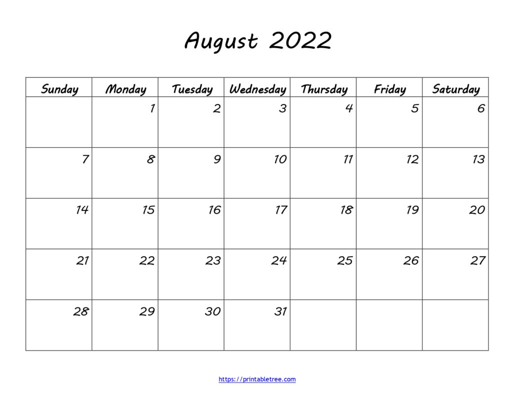 Free Download Blank Printable Calendar August 2022 PDF