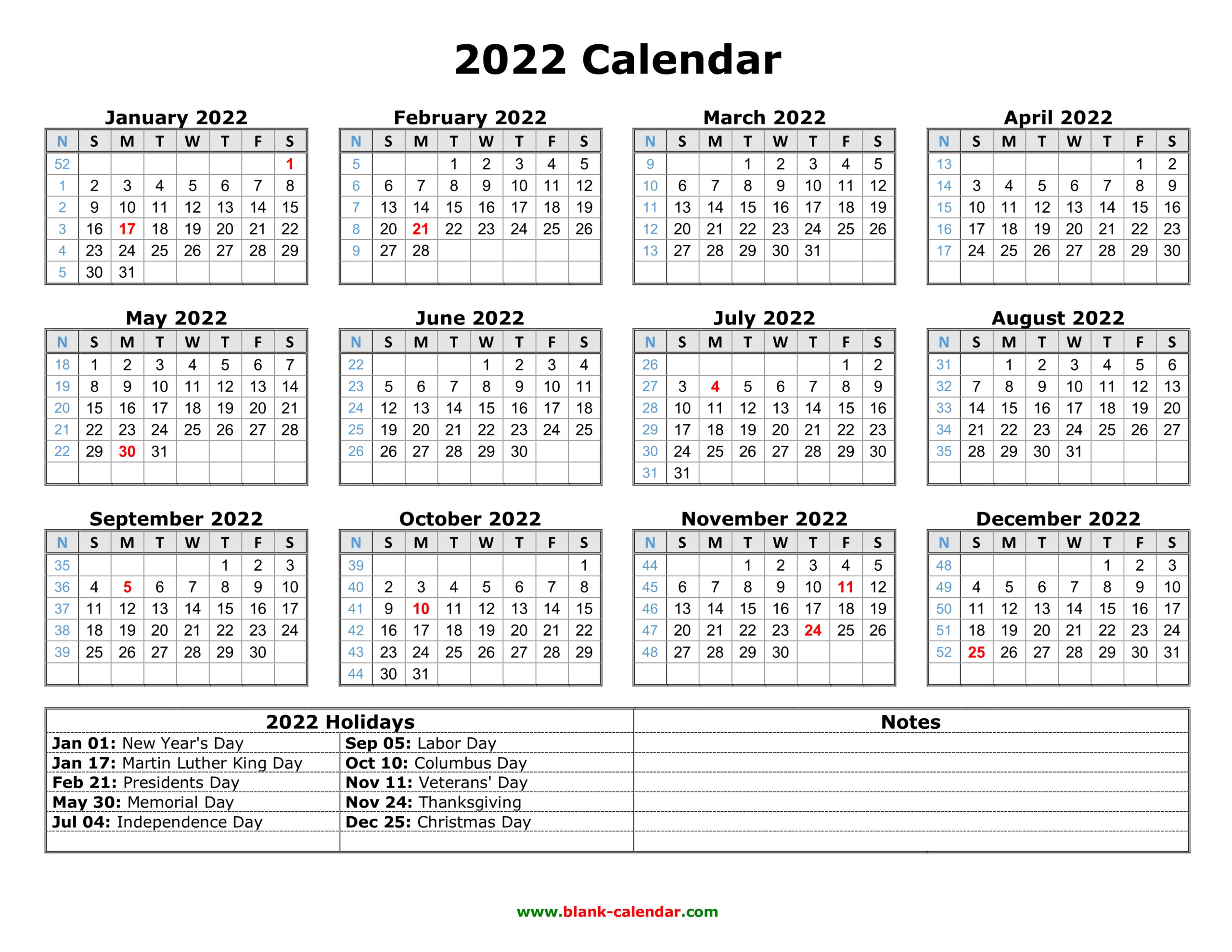 Free Download Printable Calendar 2022 With US Federal Holidays One