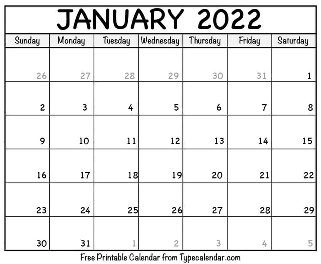 Free Printable January 2022 Calendars