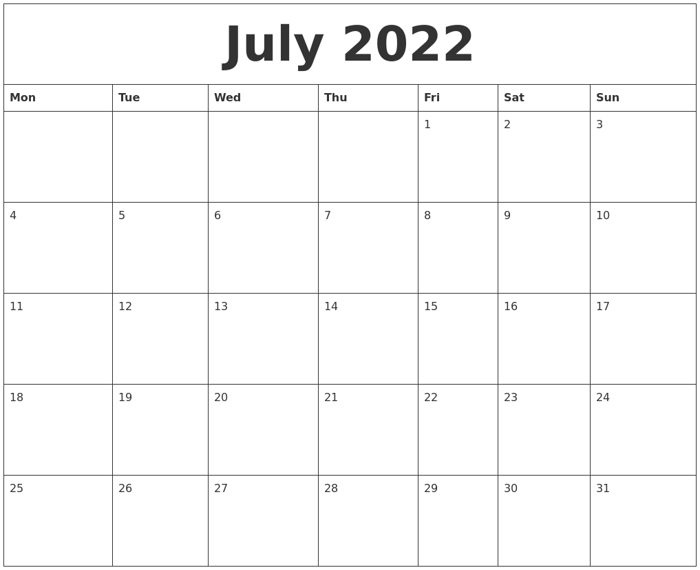 July 2022 Free Printable Blank Calendar
