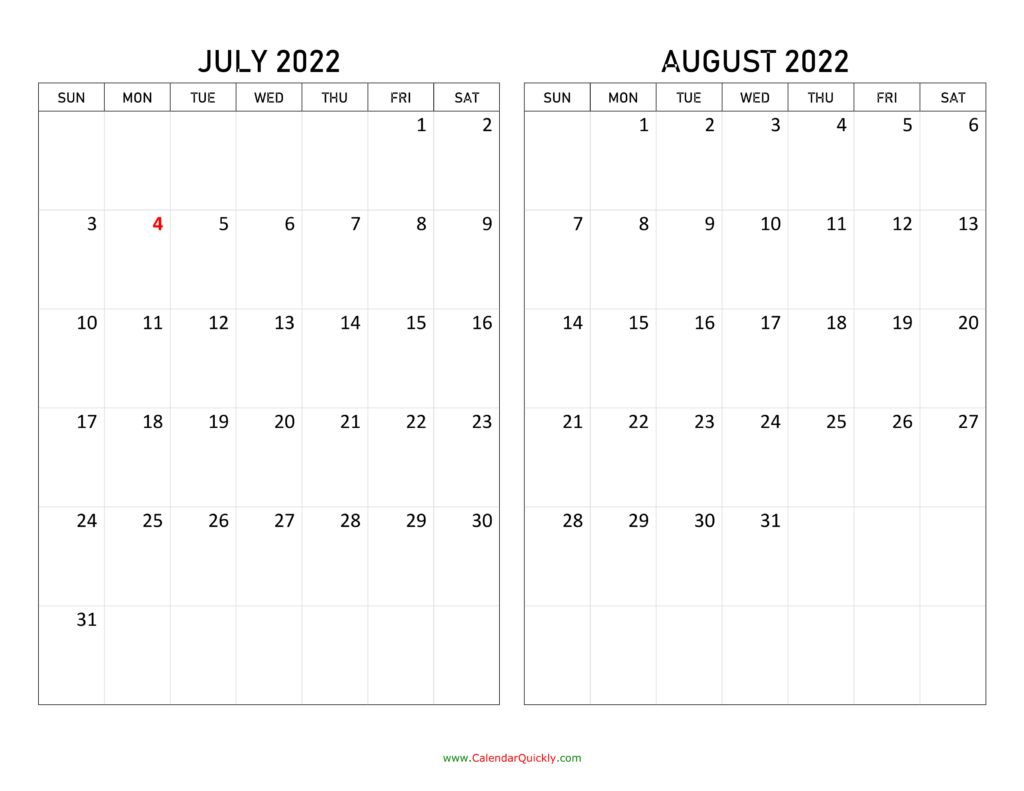 July And August 2022 Calendar Calendar Quickly