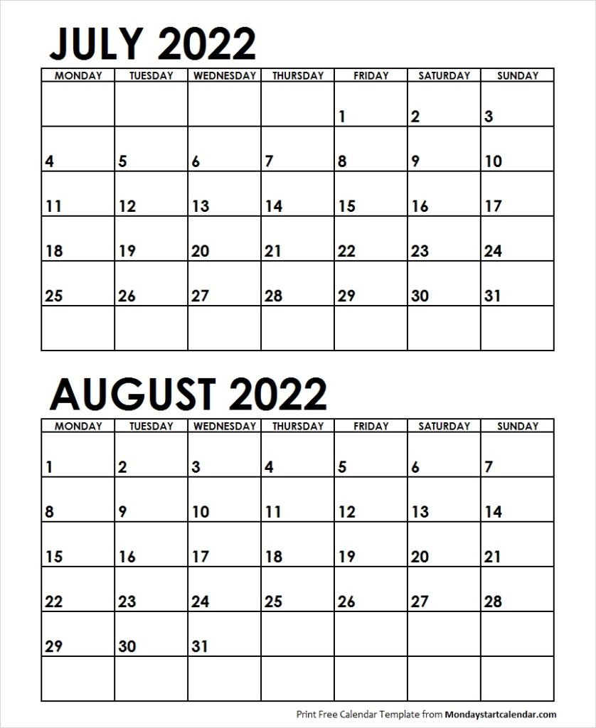 July August 2022 Calendar Monday Start Editable Two Months Template