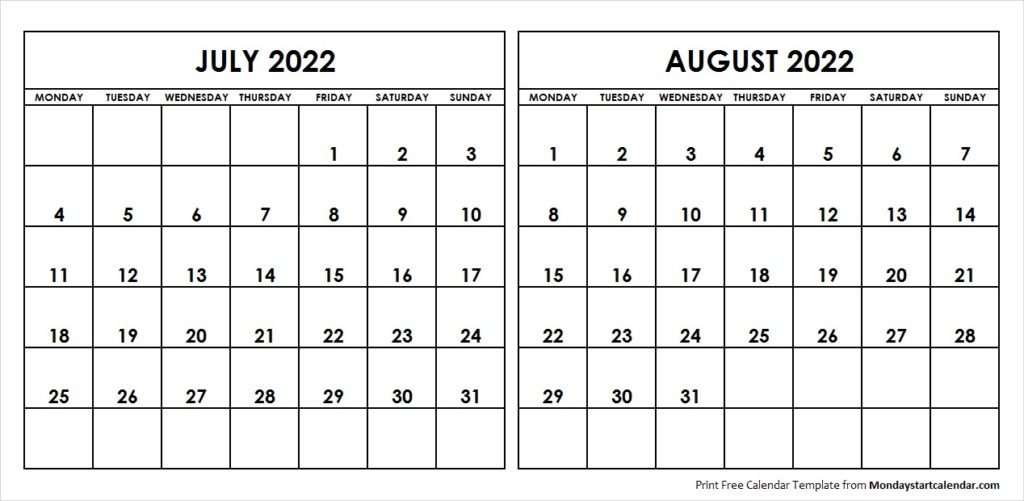 July August 2022 Calendar Monday Start Editable Two Months Template