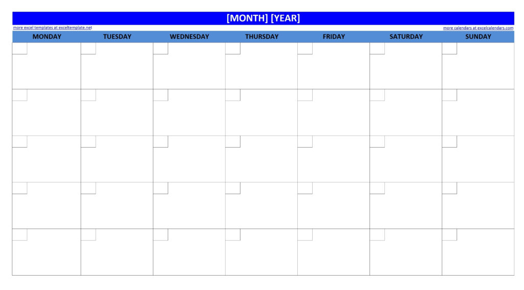 Large Empty Monthly Calendar Monday Start Template Calendar Design