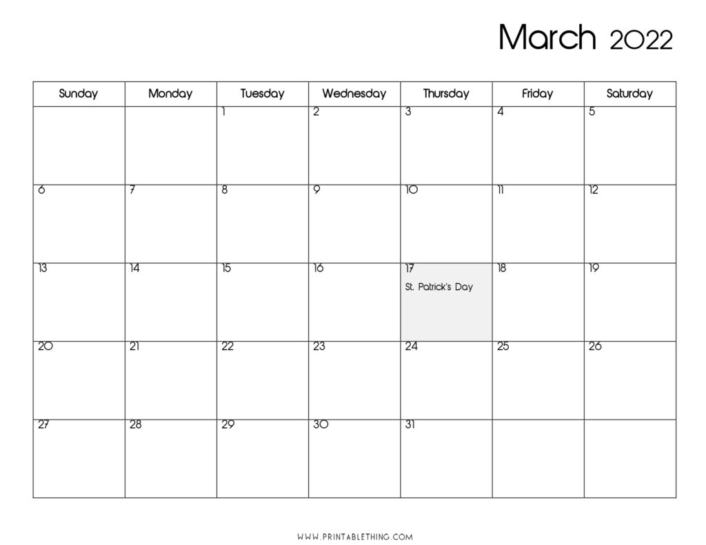 March 2022 Calendar Printable PDF US Holidays Blank Free Download