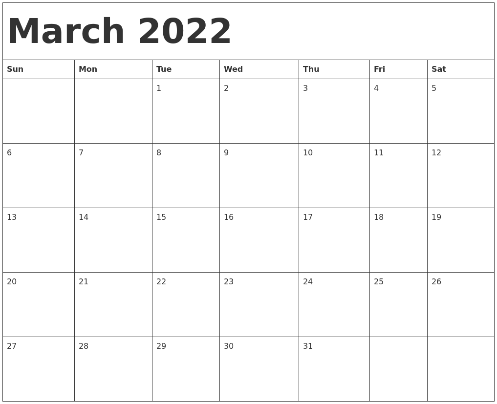 March 2022 Calendar Template