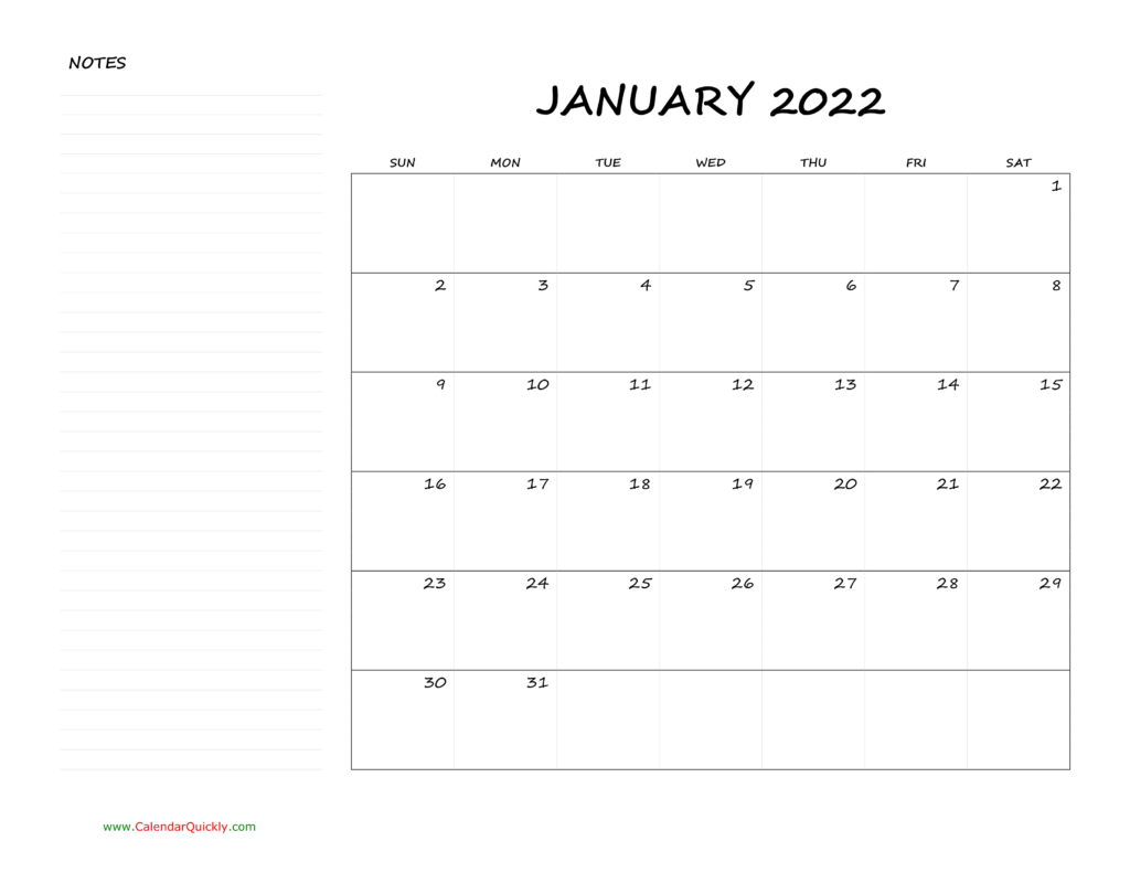 Monthly Blank Calendar 2022 With Notes Calendar Quickly