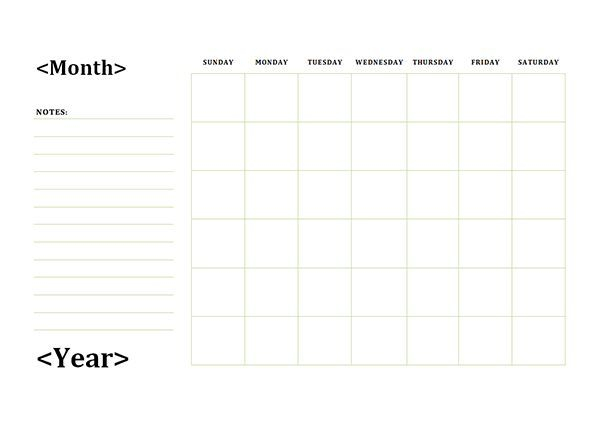 Monthly Blank Calendar With Day Notes Landscape Blank Calendar day 