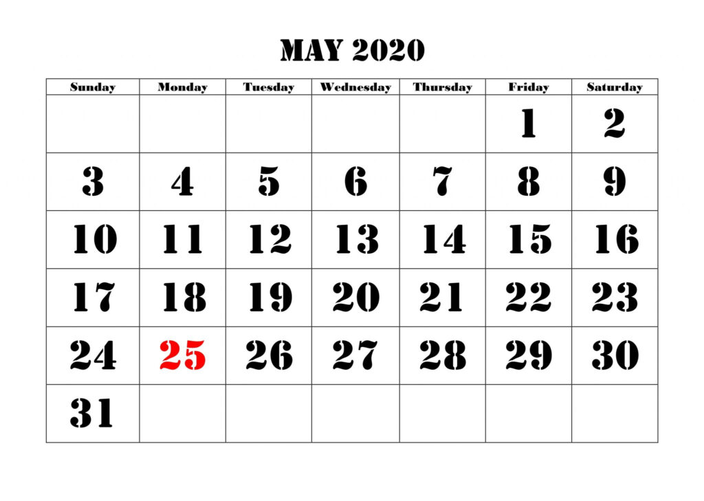 Print Monthly Blank Calendar May 2020 Printable Template PDF Word Excel