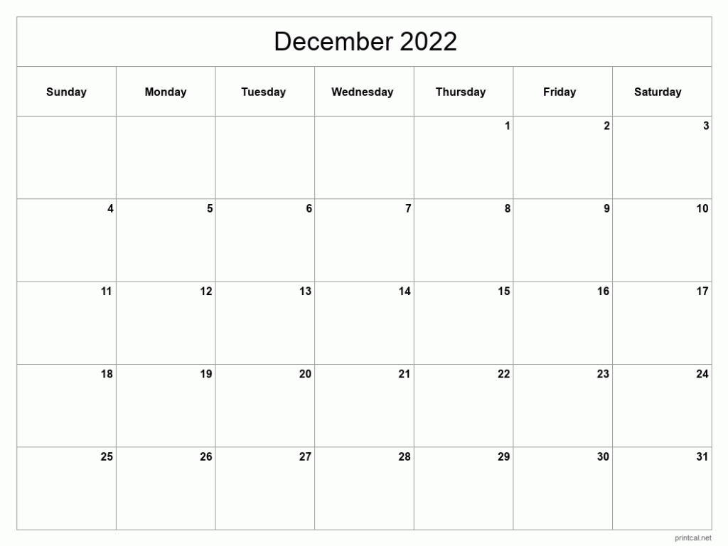 Printable December 2022 Calendar Classic Blank Sheet