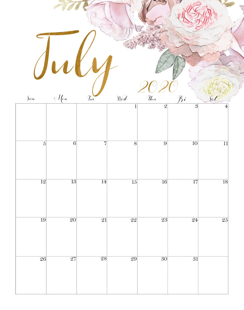 Printable July 2020 Floral Calendar July Calendar Calendar Wallpaper 