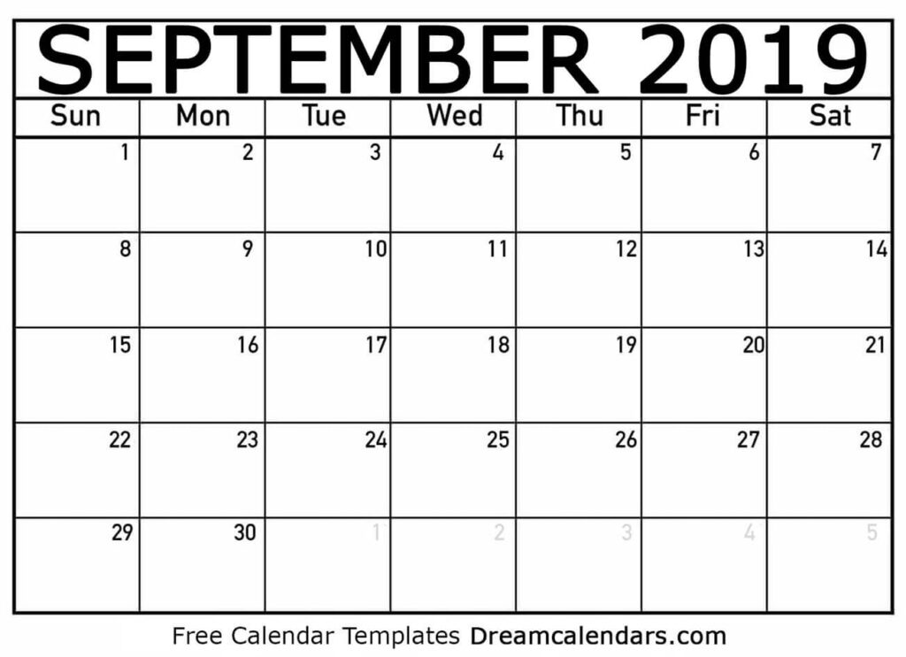 Printable September 2019 Calendar By Dream Calendars On CodePen