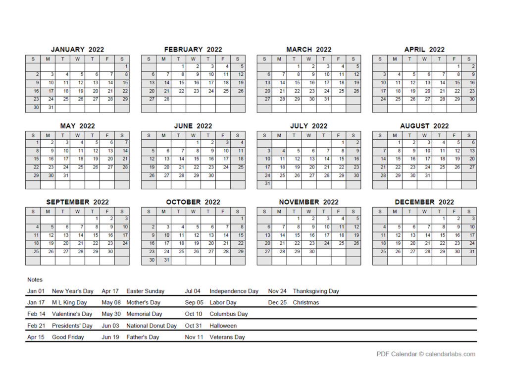 Printable Yearly Calendars 2022 Free Letter Templates