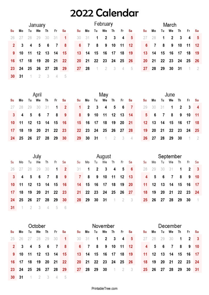 Yearly 2022 Printable Calendar One Page 2022 Holiday Calendar 