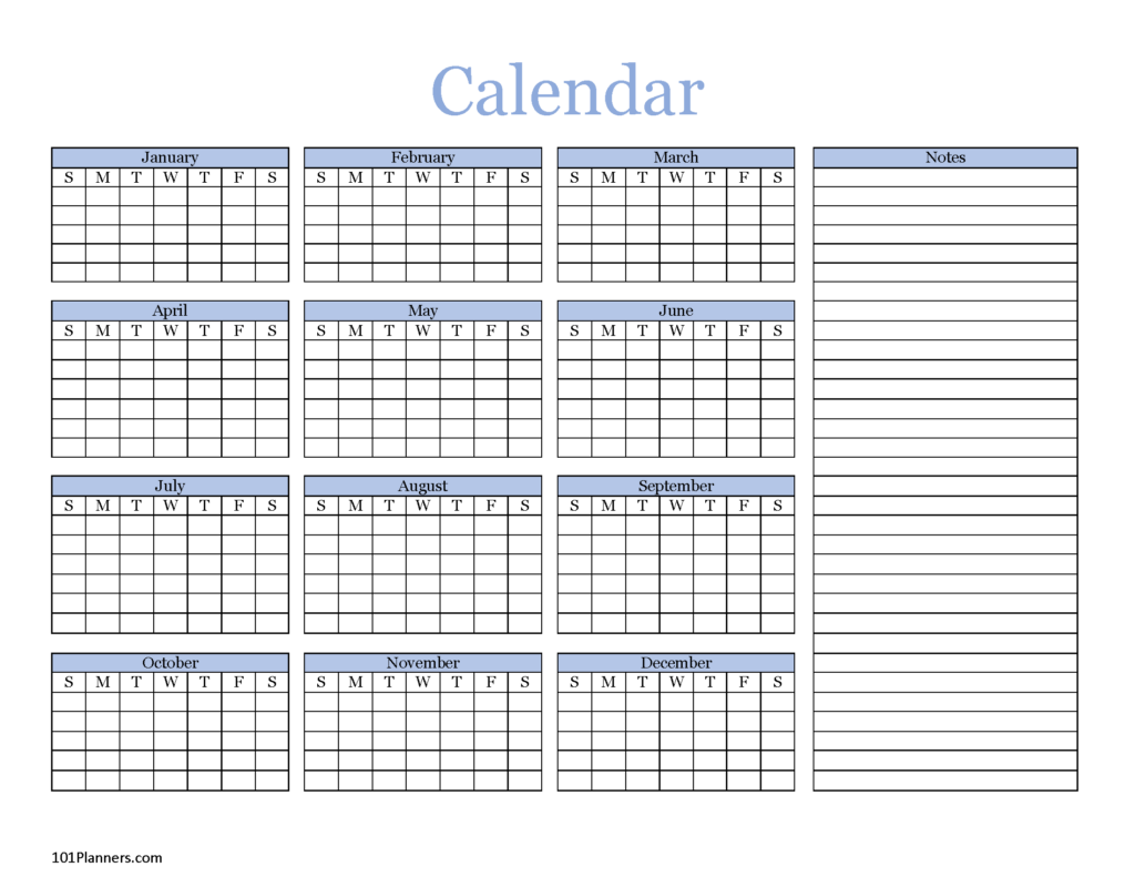 Yearly Blank Calendar Microsoft Word Editable PDF And Image Files