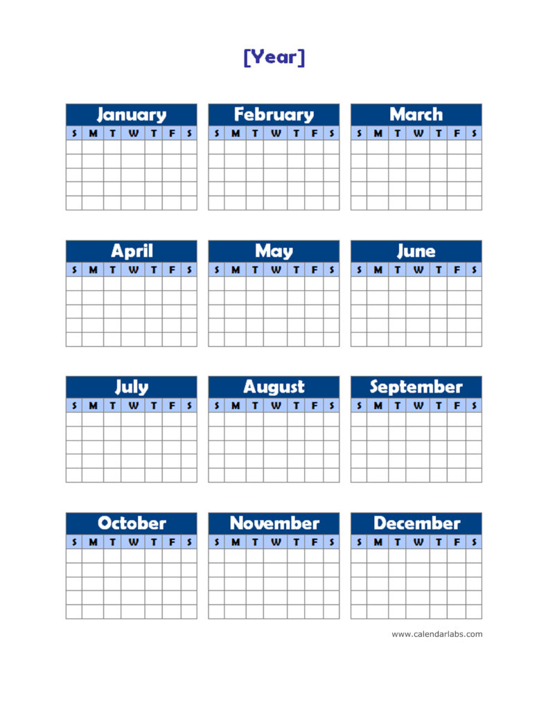 Yearly Blank Calendar Potrait Free Printable Templates